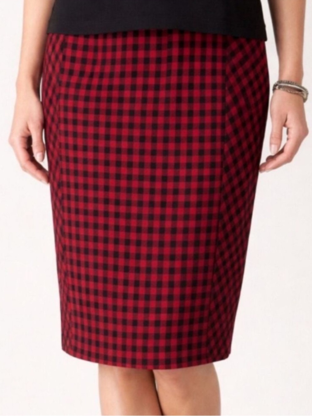 J. Jill Red and Black Buffalo Plaid Holiday Pull On Pencil Skirt